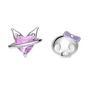 925 Silver Kuromi Skull & Pink Sapphire Heart Planet Mismatch Stud Earrings